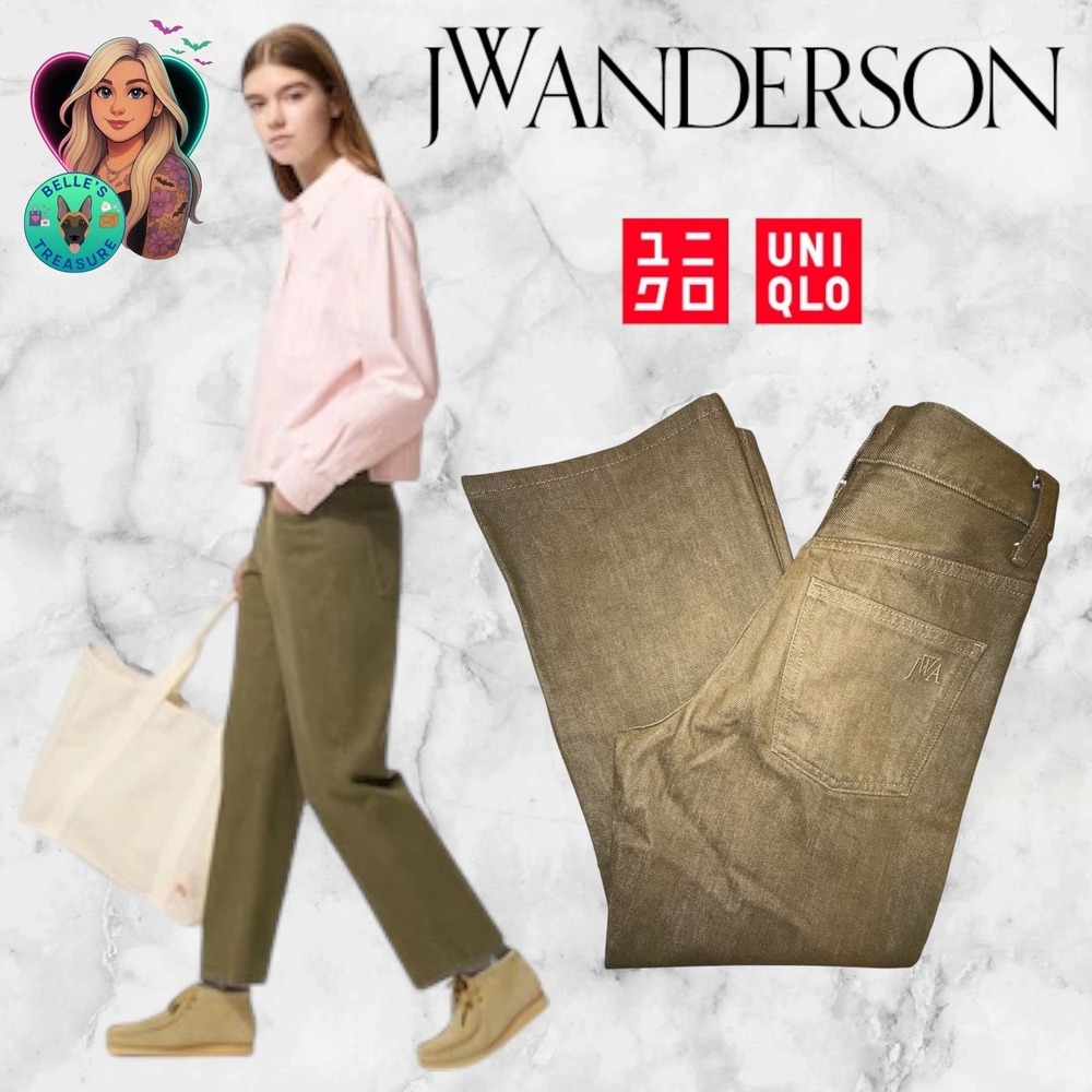 JW Anderson Uniqlo Womens Wide Leg Jeans Olive Green 26x23‎ Baggy Barrel Crop